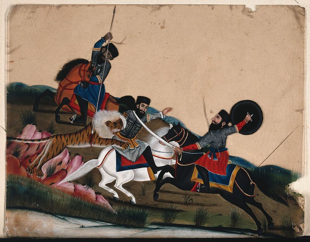 A man on a white horse being attacked by a tiger with the two other men rushing to save him. Gouache painting on mica by an…