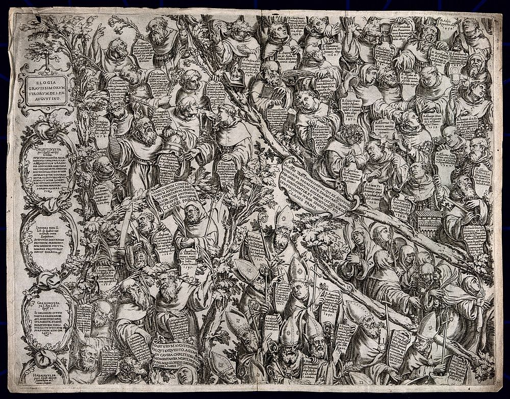 Saints, martyrs, blessed and bishops of the Augustinian order. Engraving by Oliviero Gatti, 1614.