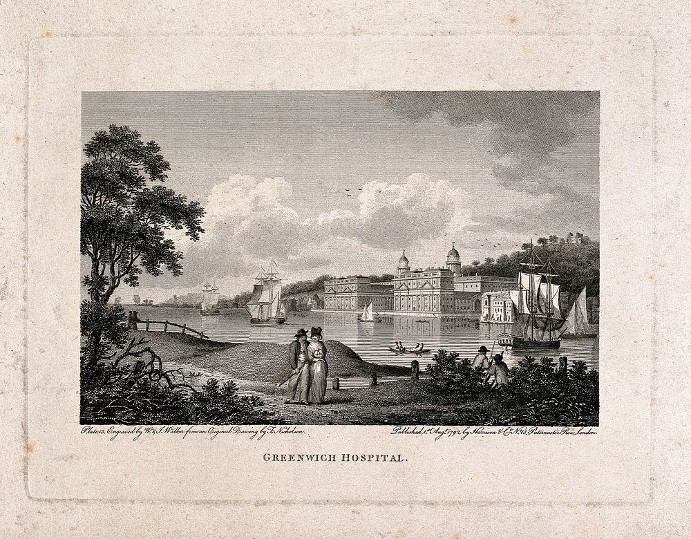 Royal Naval Hospital, Greenwich, with ships, rowing boats and a couple walking on the shore in the foreground. Engraving by…