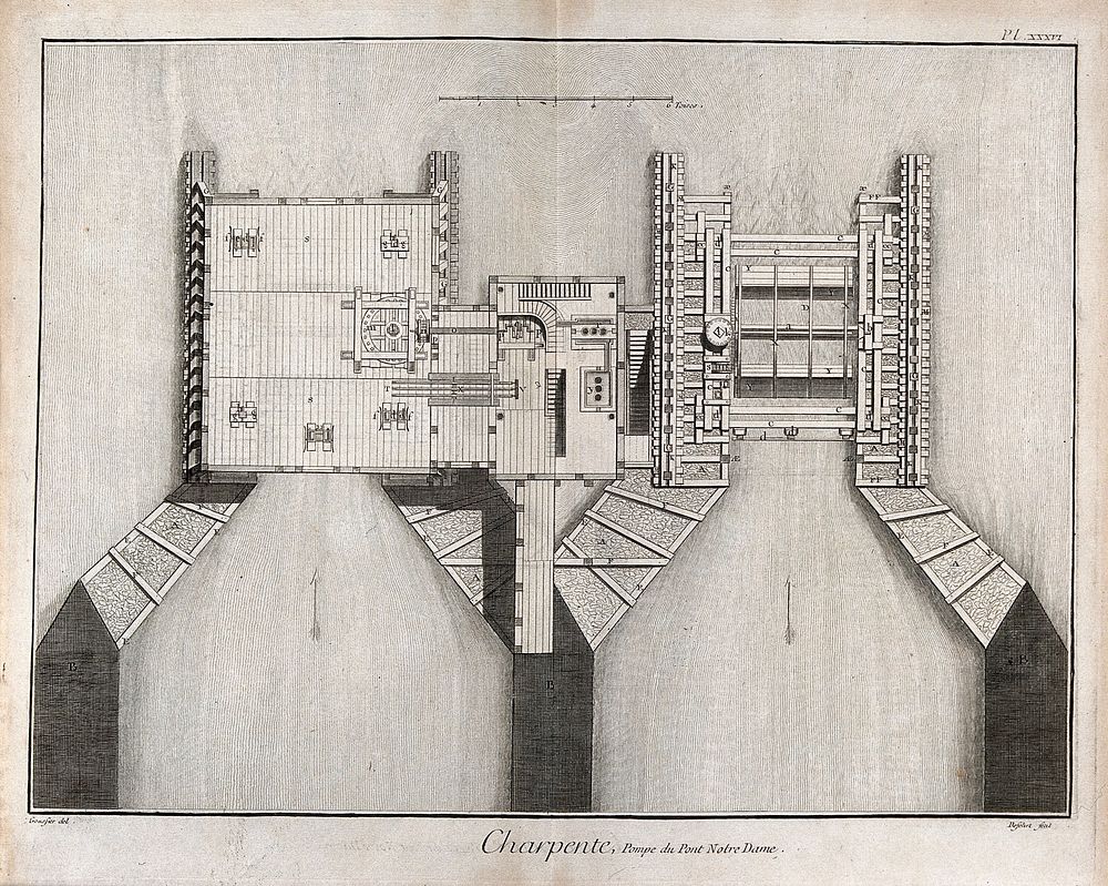 Carpentry: the pump on Notre Dame bridge, plan. Engraving by A.J. Defehrt after L.J. Goussier.