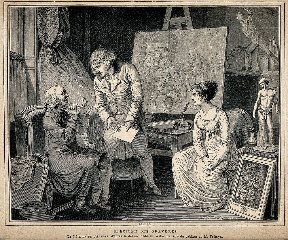 An artist petitioning an elderly client while a young seated woman looks on. Wood engraving by L. Chapon after P.A. Wille.