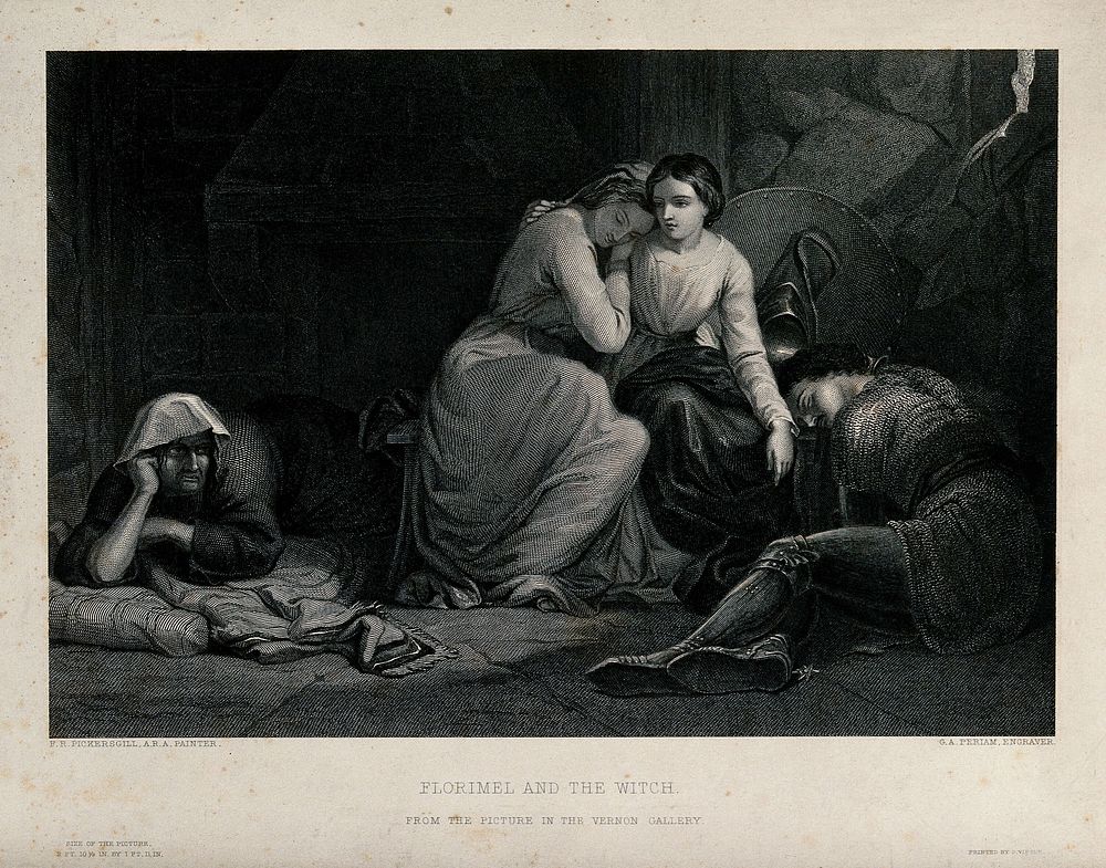 Amoret and Aemylia, with Prince Arthur (right), in the cottage of Sclaunder (Slander). Engraving by G.A. Periam after F.R.…