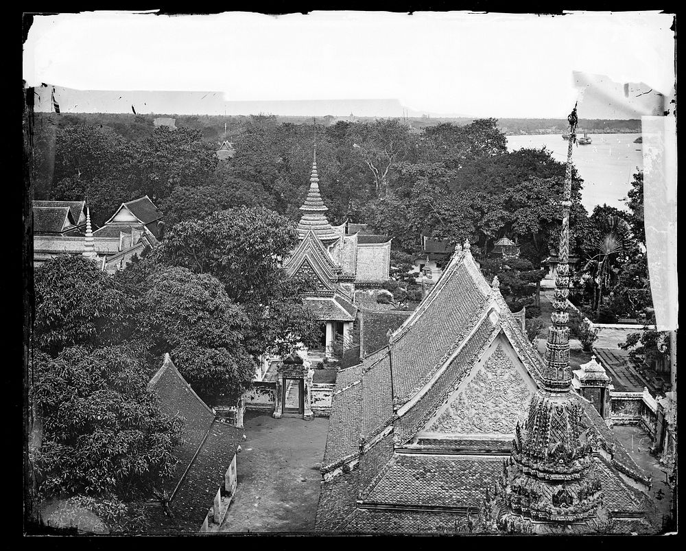 Bangkok, Siam (Thailand): the view towards Thonburi from high up on Wat Arun. Photograph by John Thomson, 1865/1866.
