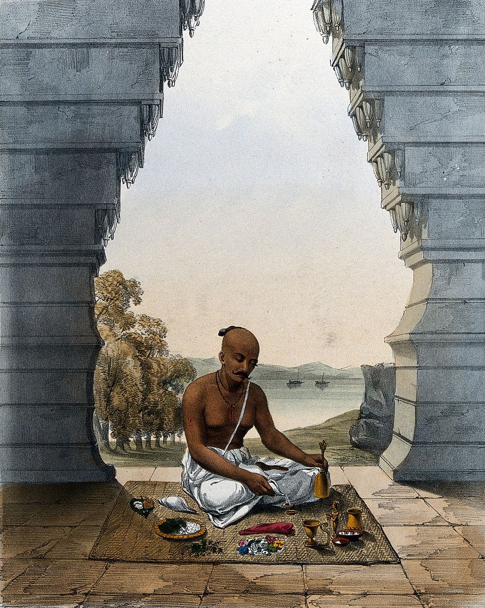 A Brahmin praying to Vishnu, pouring water on the saligram. Lithograph.