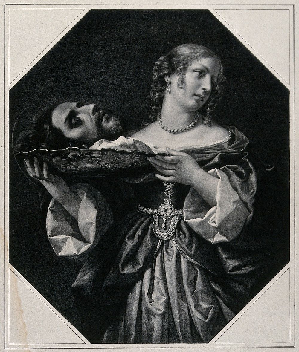 Salome with the head of Saint John the Baptist. Lithograph by F. Hanfstaengl, 1839, after C. Dolci.