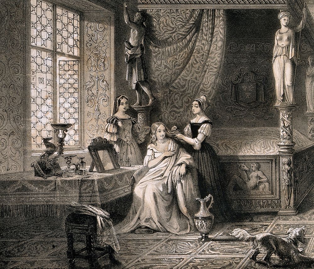 Diane de Poitiers, in her bed-chamber in the Château de Chenonceau, having her hair dressed by a female assistant; another…
