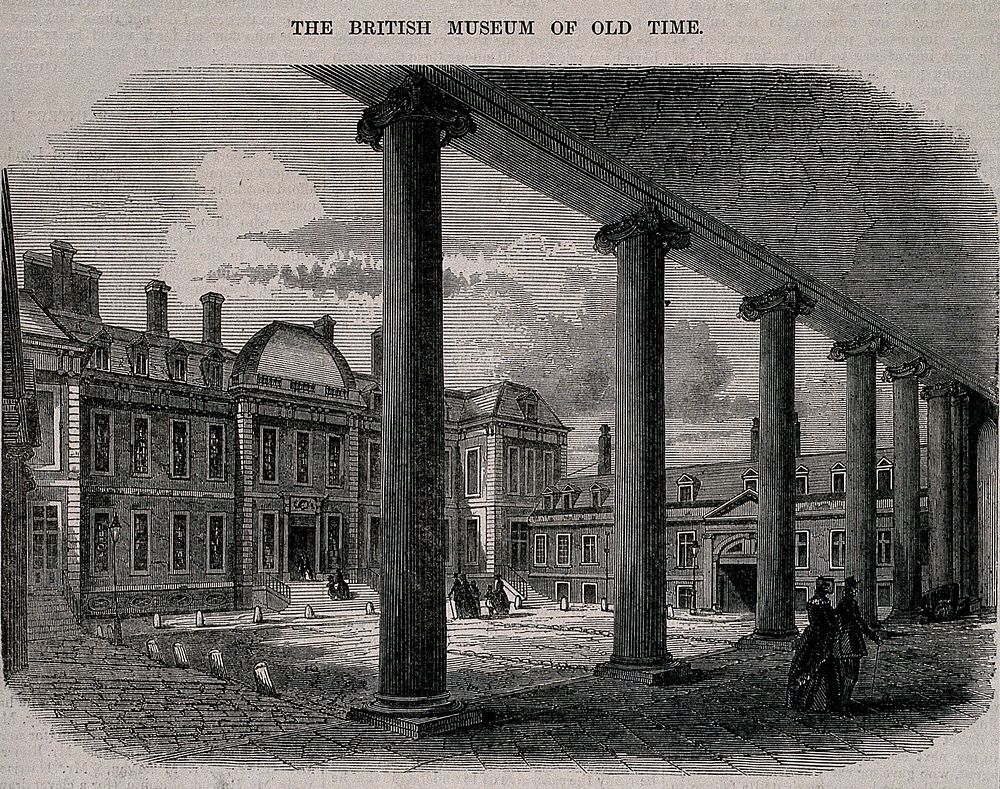 The British Museum at Montague House: the courtyard. Wood engraving, 1849.