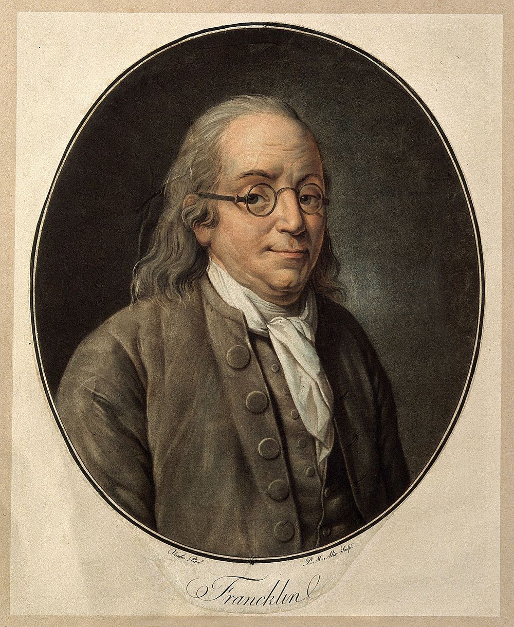 Benjamin Franklin. Colour aquatint by P. M. Alix, 1791, after C. P. A. van Loo.