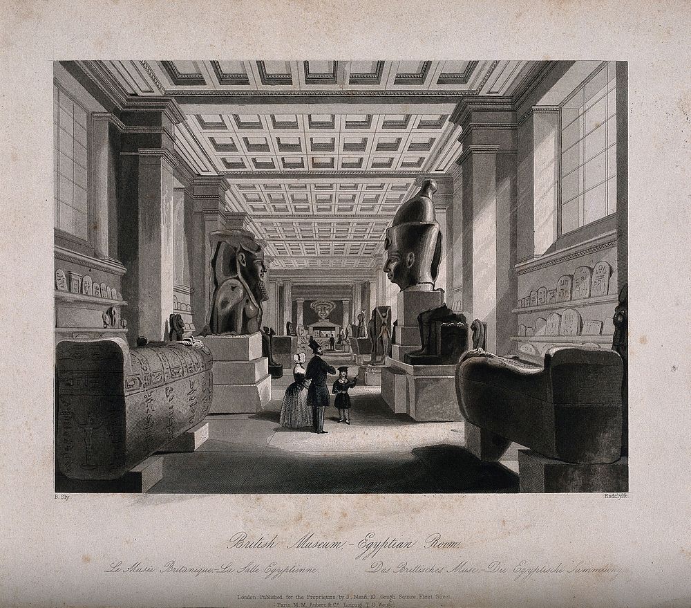 The British Museum: the Egyptian Room, with visitors. Engraving by Radclyffe after B. Sly, 1844.