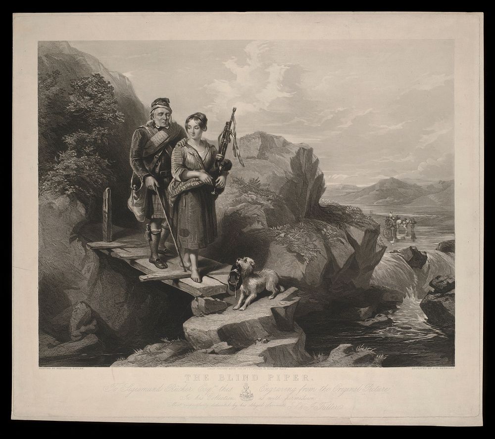 A young woman guiding a blind bag-piper over a bridge in Scotland. Stipple engraving by S.W. Reynolds, 1848, after F. Tayler.