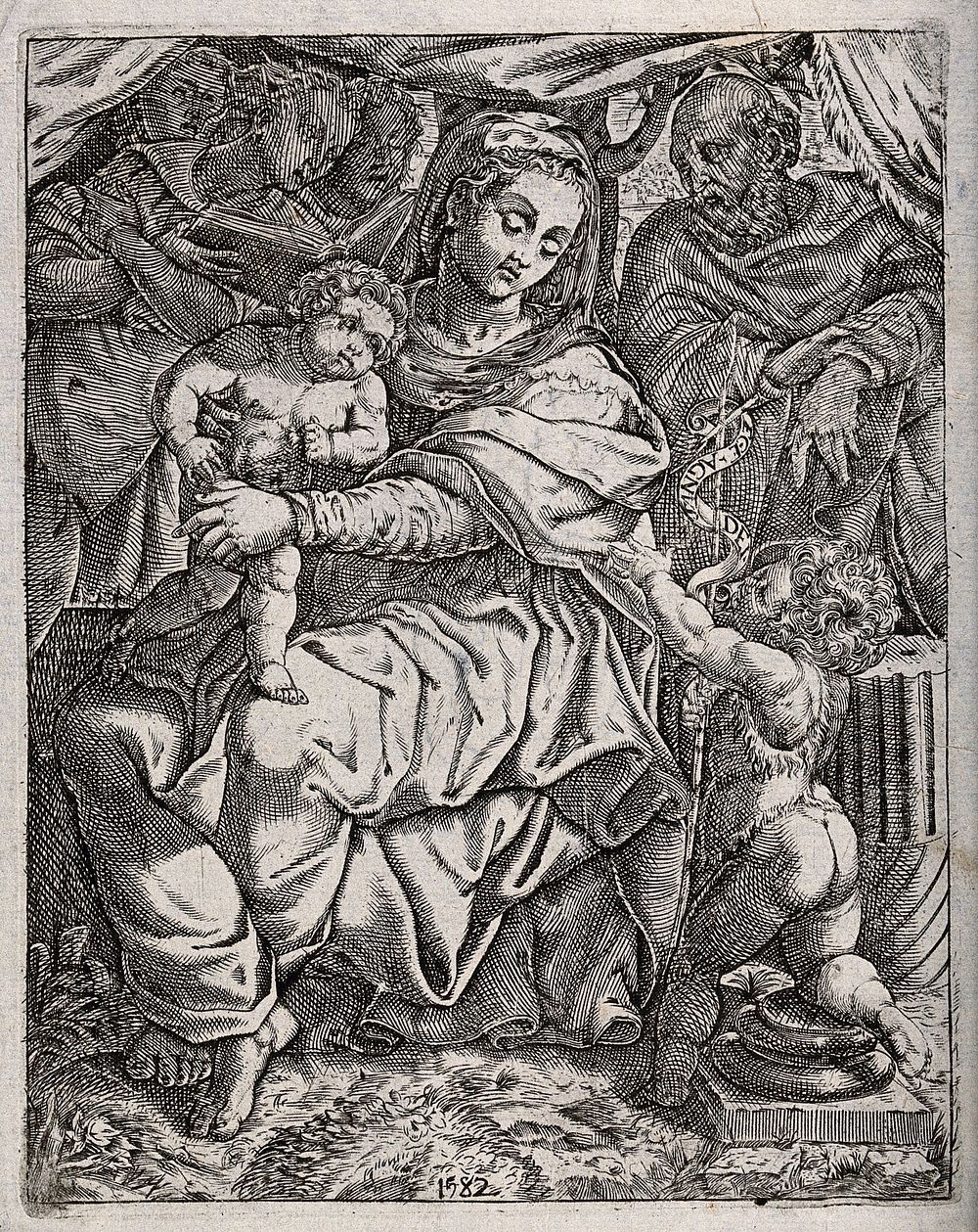 Saint Mary (the Blessed Virgin) and Saint Joseph with the Christ Child, Saint John the Baptist and angels. Engraving, 1582.