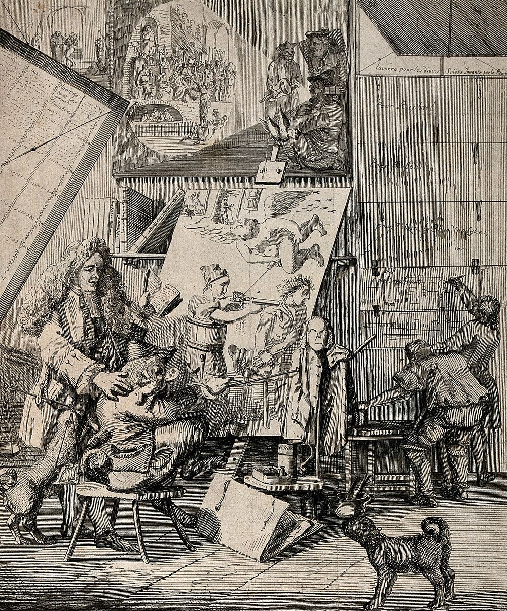 William Hogarth with a parody of the ideas expressed in his 'Analysis of beauty'. Etching by P. Sandby, 1753.