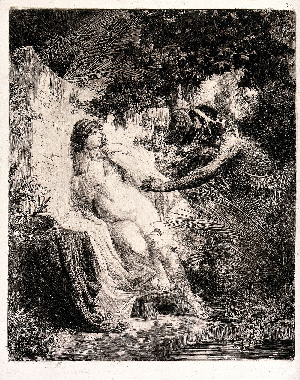 Susanna standing by a wall near a pool and being approached by two men. Etching by F. Torras Armengol.