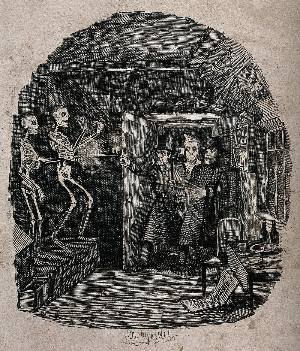 Policemen entering the study of a medical student in search of thieves shoot at a pair of skeletons by mistake Etching by T.…