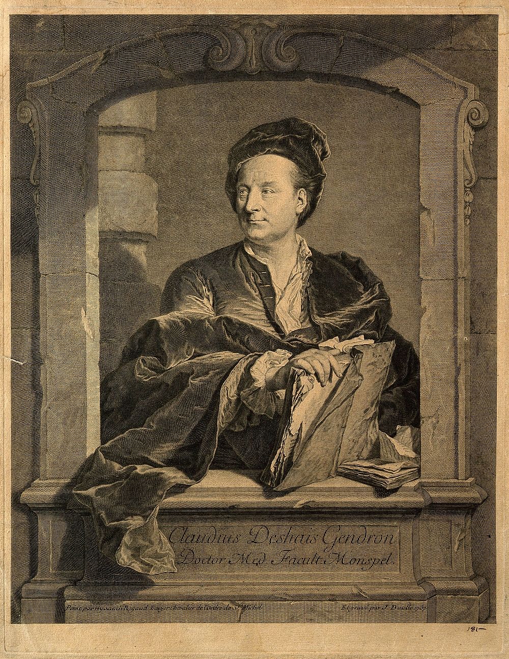 Claude Deshayes Gendron. Line engraving by J. Daullé, 1787, after H. Rigaud.
