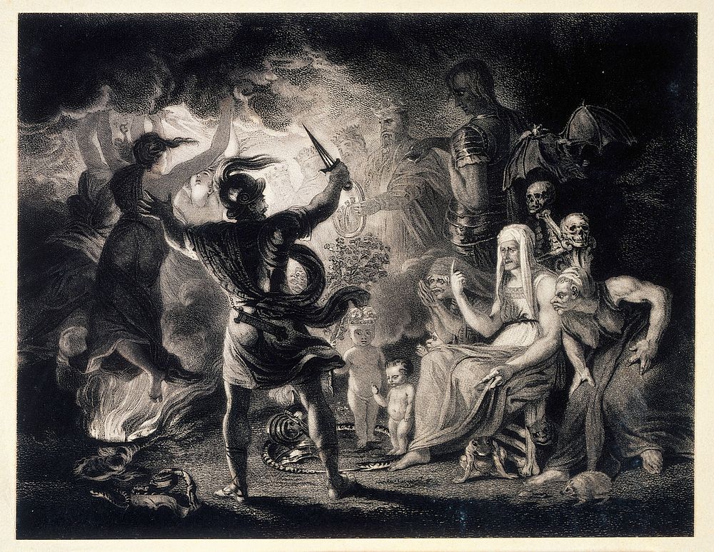 Witchcraft: Macbeth seeing the three witches, with other horrifying visions. Etching after J. Reynolds, ca. 1786-1790, after…