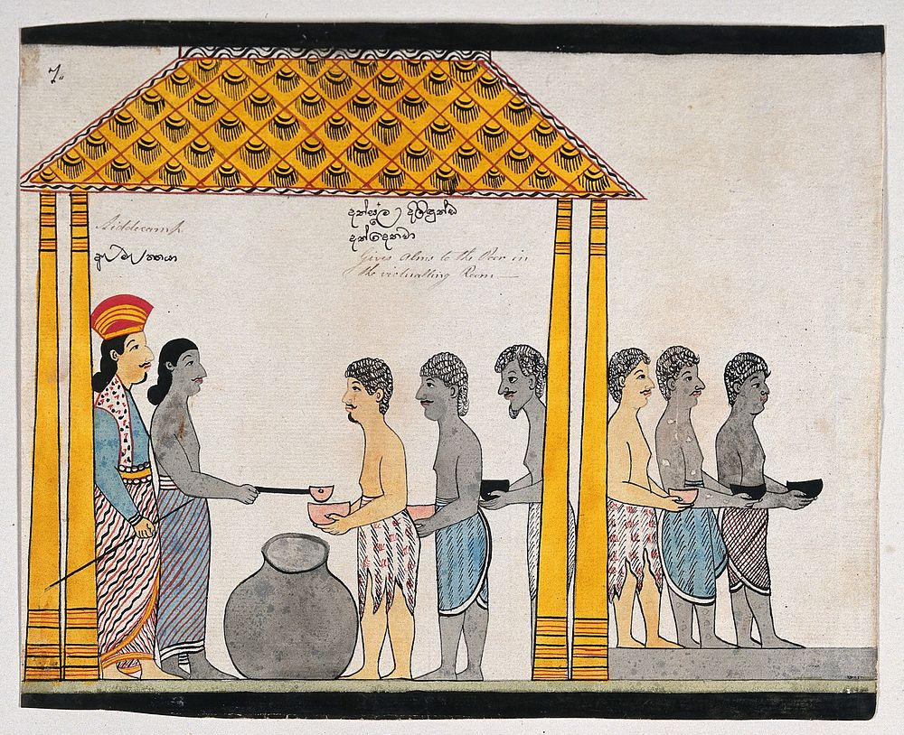 The representative of the people of Jetuttara gives alms to the poor in the victualling rooms. Watercolour.