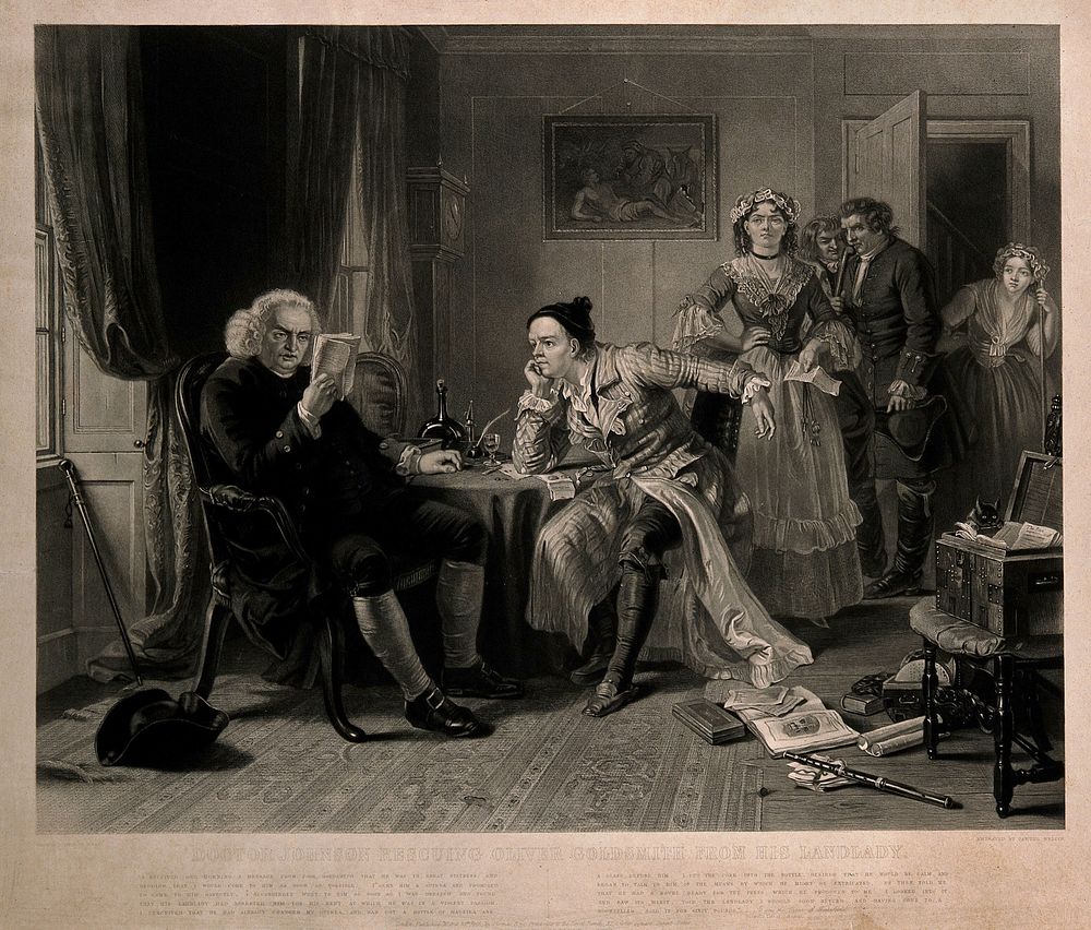 Dr Samuel Johnson reading the manuscript of Oliver Goldsmith's 'The vicar of Wakefield', while a bailiff waits with the…
