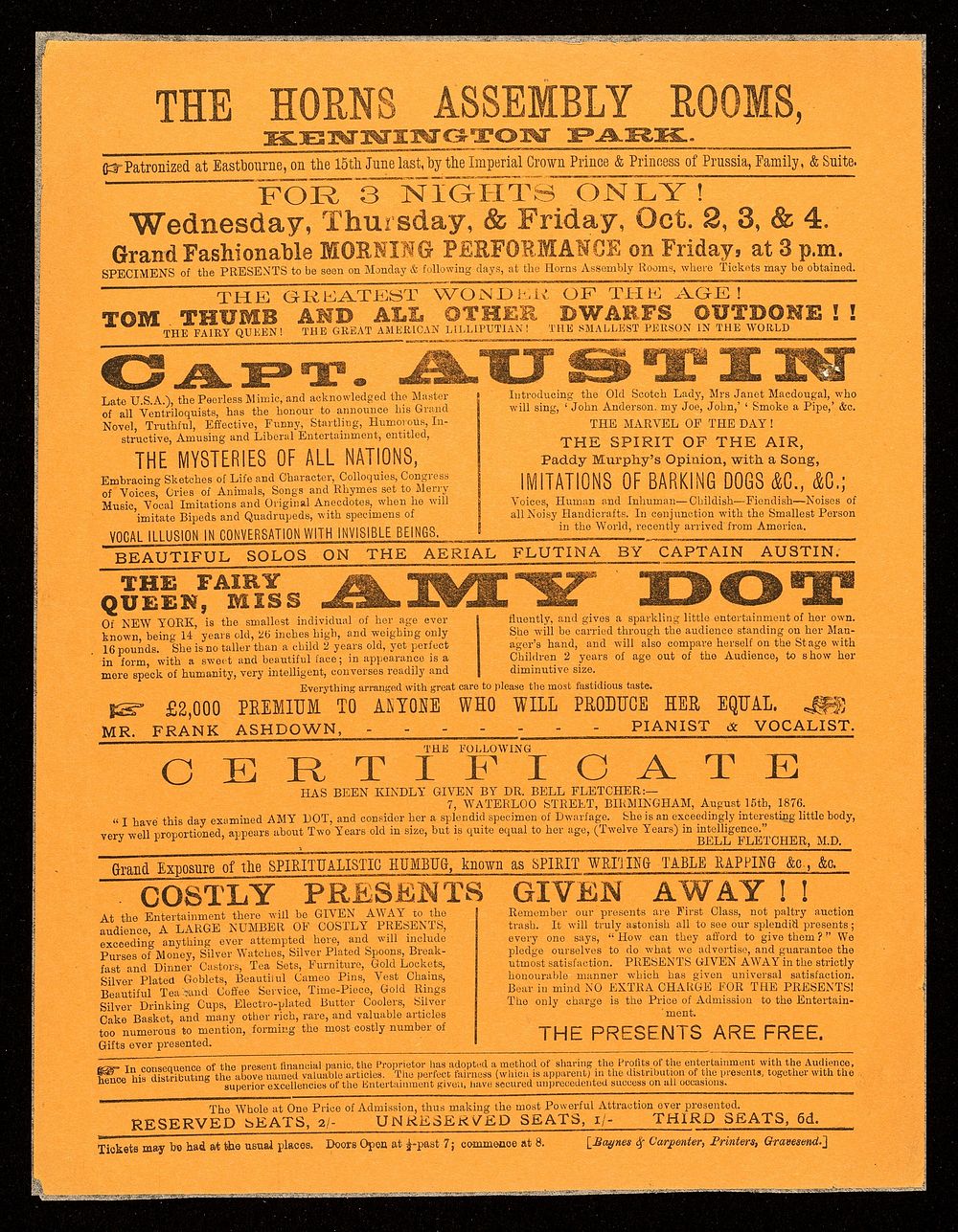 [Undated handbill (after 1876) for a 3 night variety show featuring Capt. Austin (mimic and ventriloquist) and Amy Dot, the…