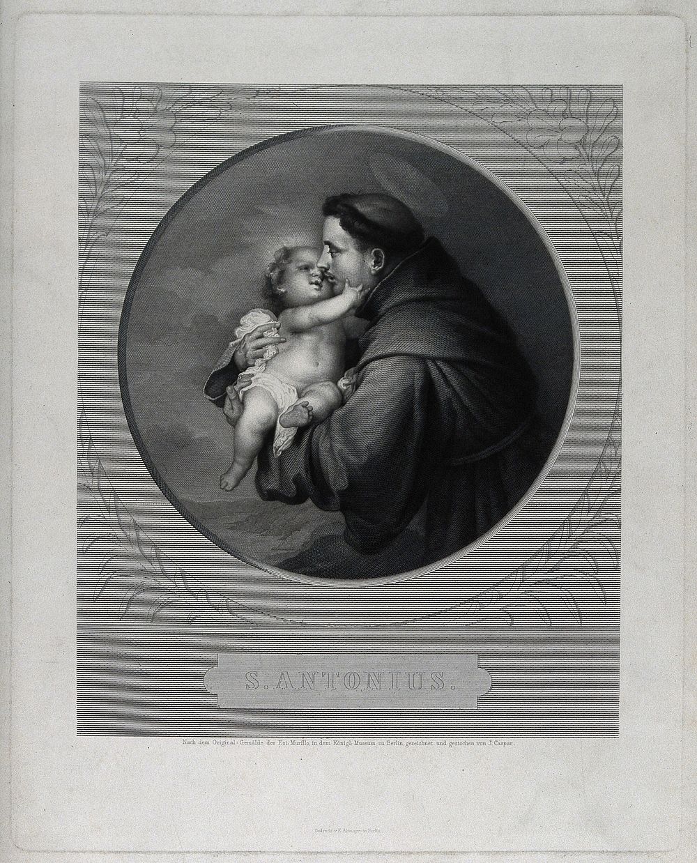 Saint Antony of Padua. Line engraving by J. Caspar after B.E. Murillo.