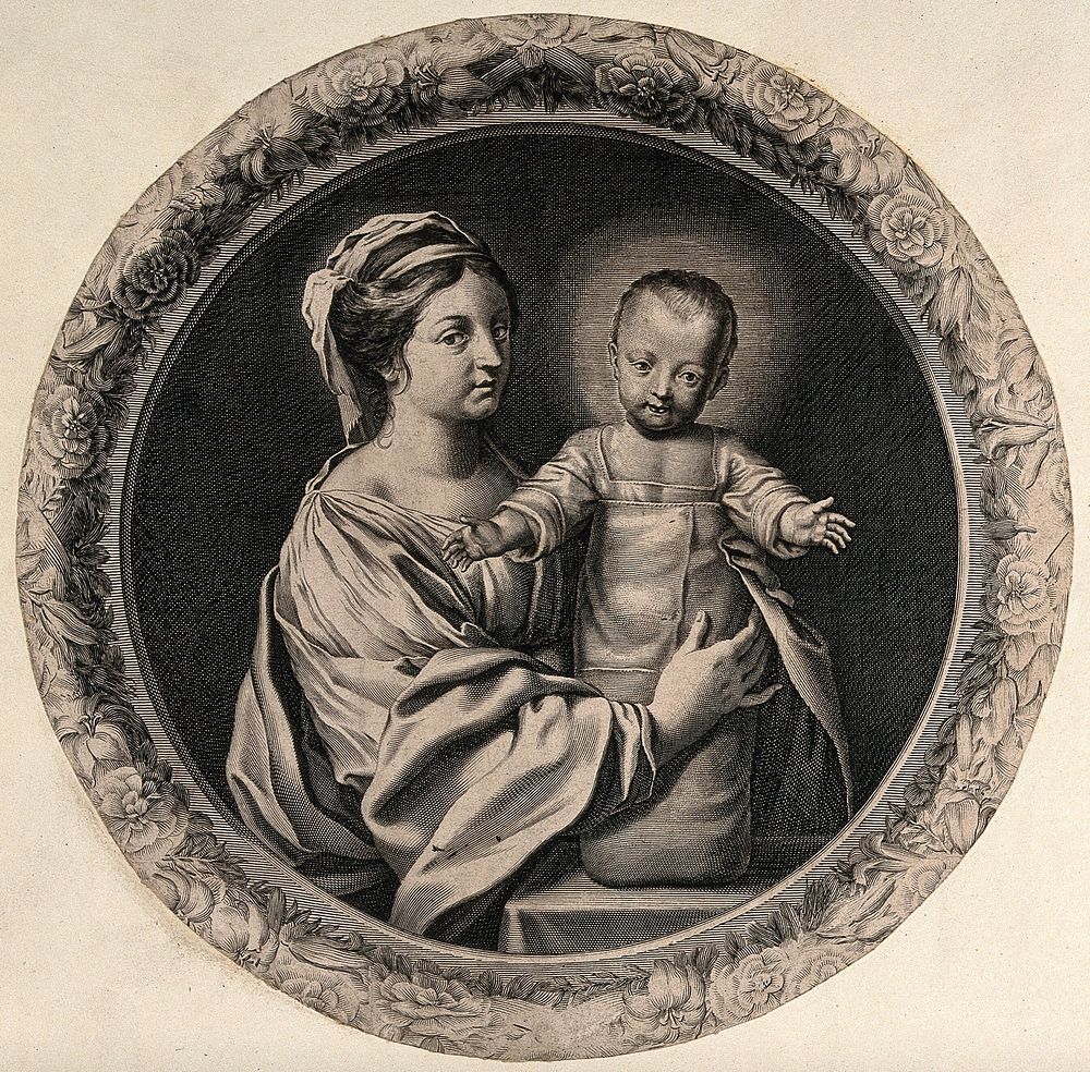 Saint Mary (the Blessed Virgin) with the Christ Child. Line engraving.