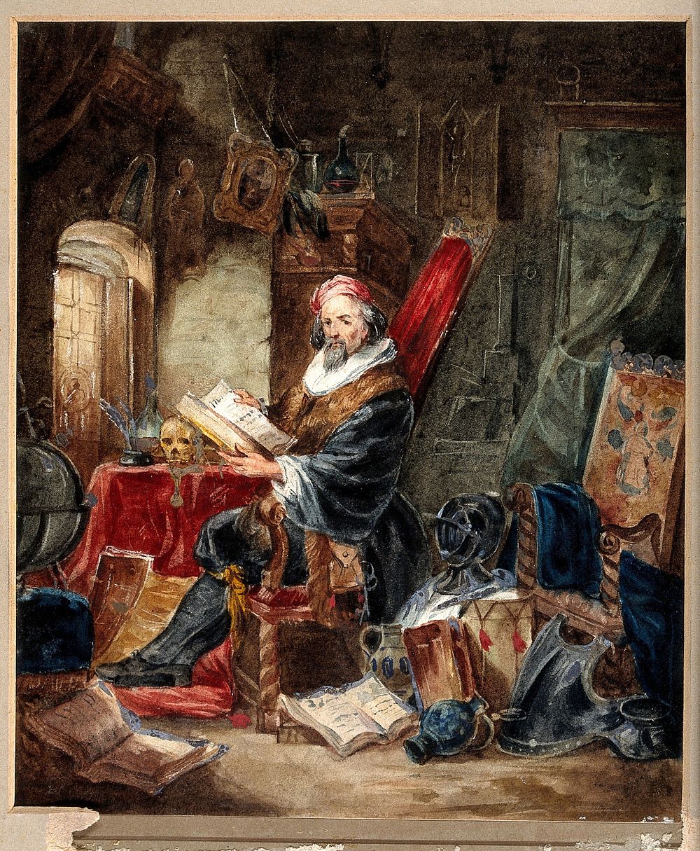 An alchemist reading in a romanticised laboratory setting. Watercolour painting, 19th century.