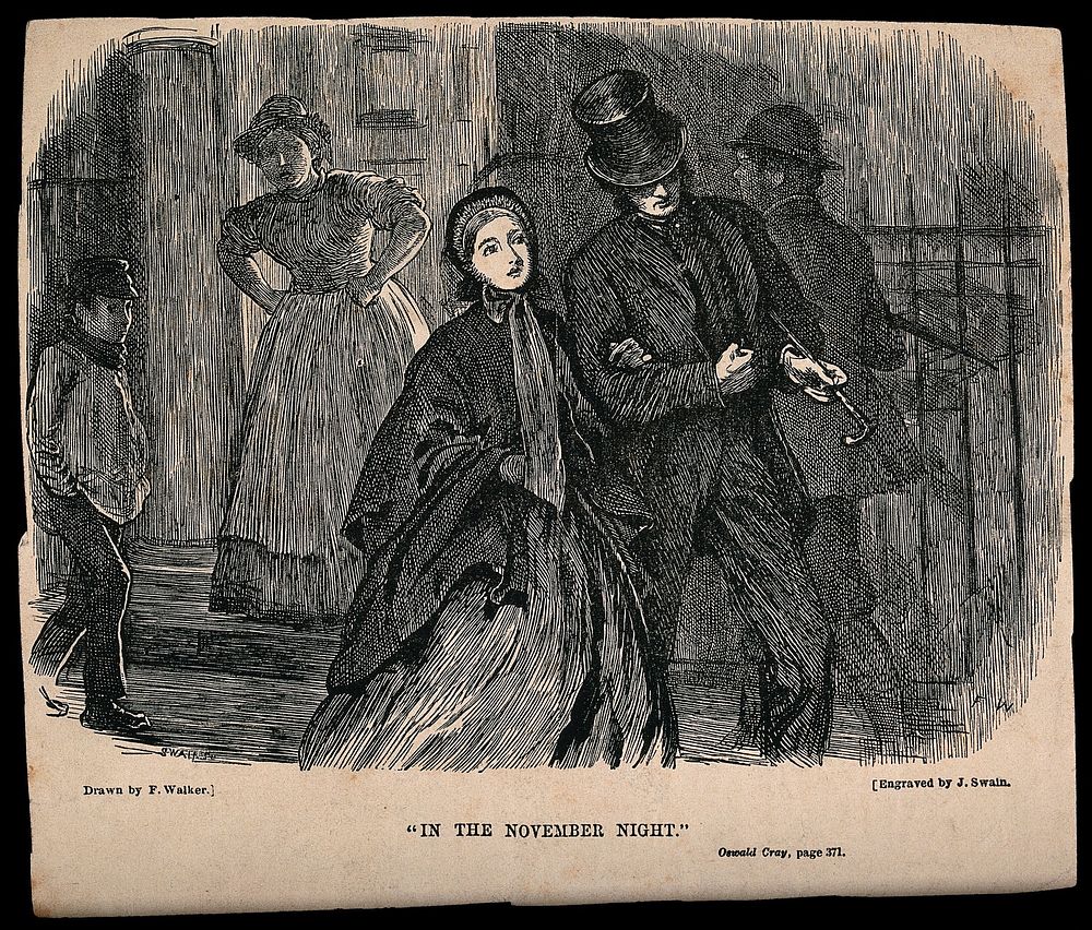 A couple walking down the street watched by a woman standing in a doorway with arms akimbo. Wood engraving by J. Swain after…