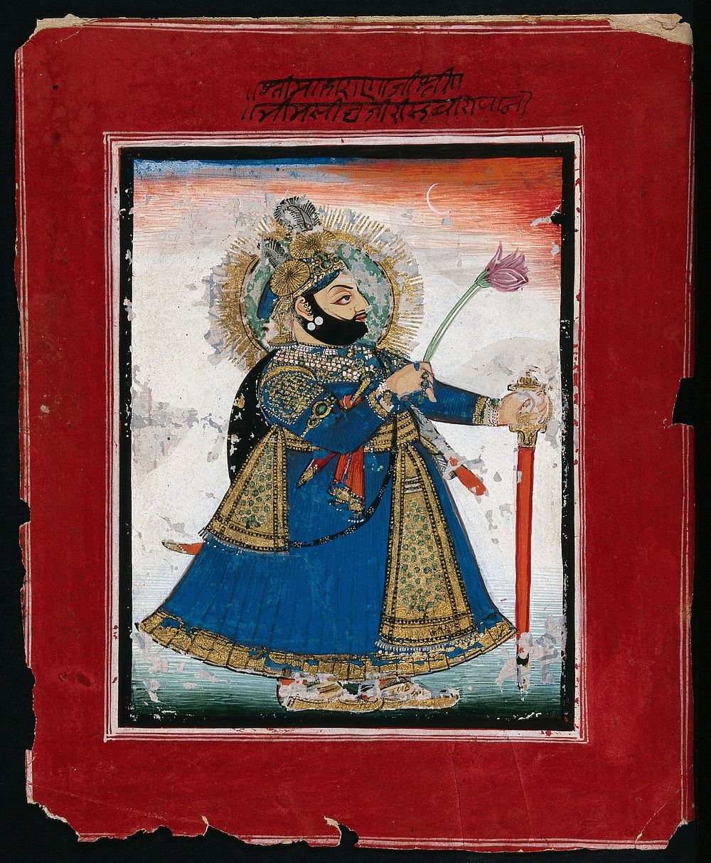 A Sikh ruler holding a lotus flower. Gouache painting by an Indian painter.