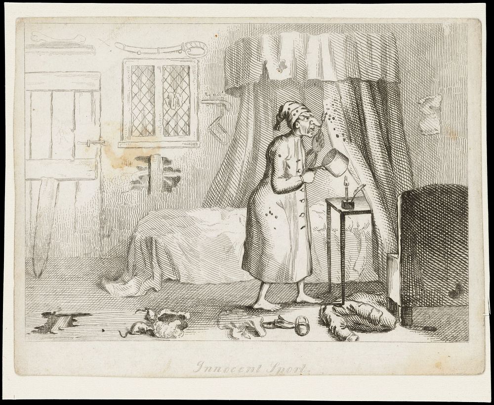 A man in bedclothes prising insects  off his bed-curtains with a fork into a saucepan. Etching by T.L. Busby, ca. 1826.