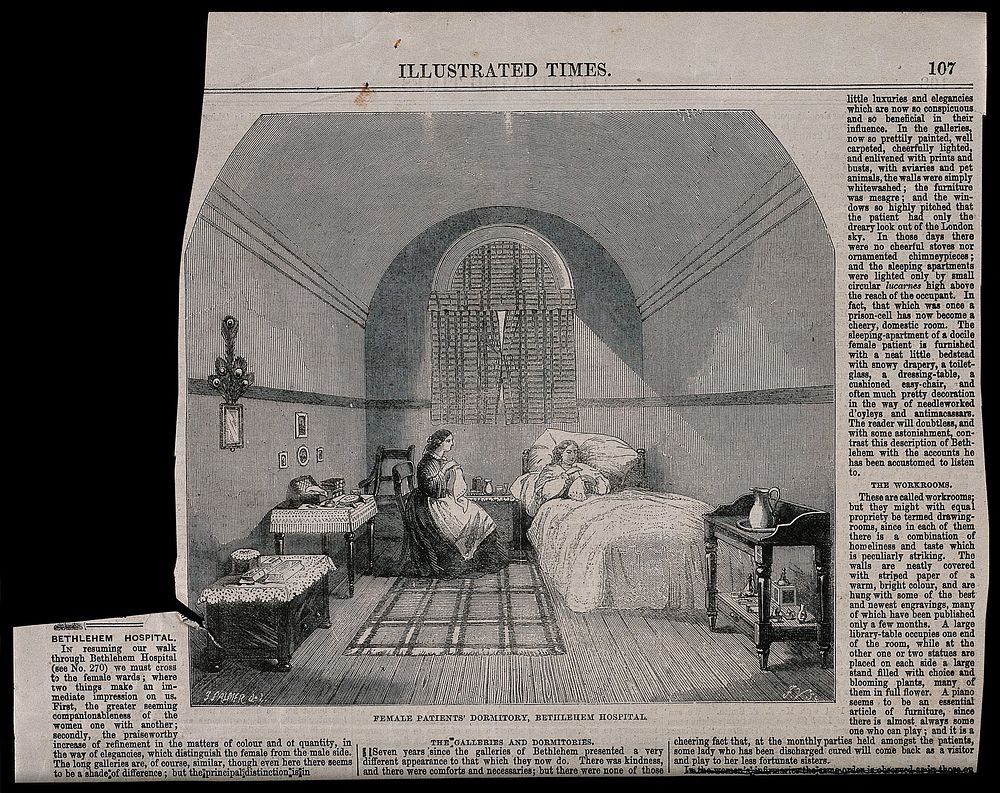 The Hospital of Bethlem [Bedlam], St. George's Fields, Lambeth: a female dormitory. Wood engraving by F. Vizetelly after F.…