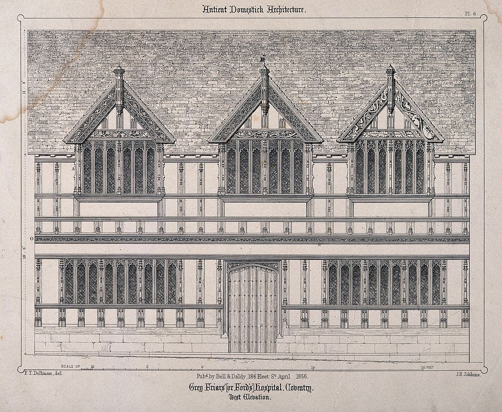 Architectural scale design for Grey Frair's Hospital, Coventry. Transfer lithograph by J.R. Jobbins, 1856, after F.T.…
