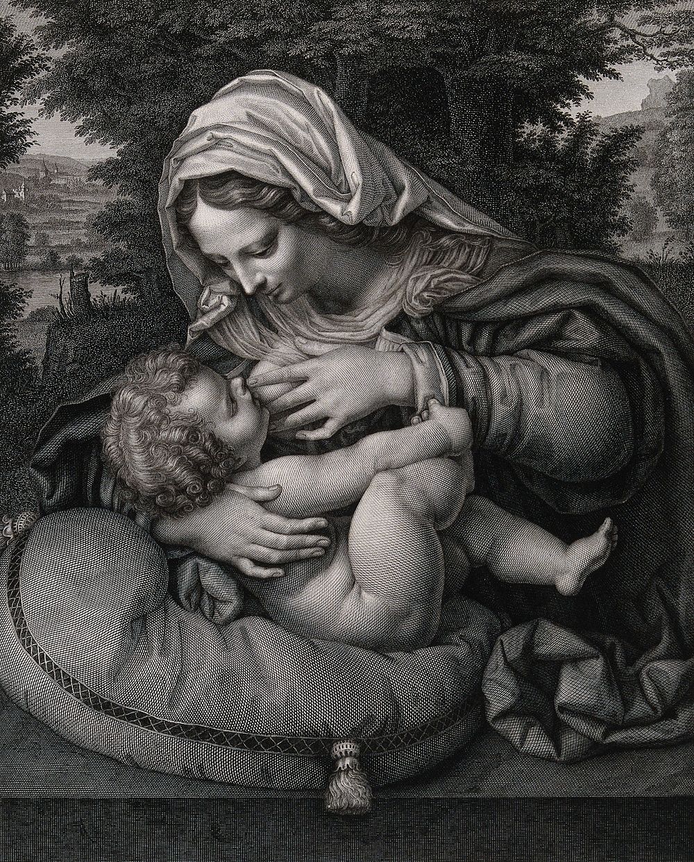 Saint Mary (the Blessed Virgin) with the Christ Child. Engraving by J.C. Ulmer after Duchemin after A. Solari.