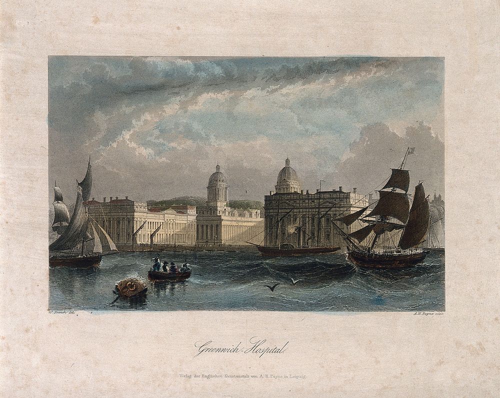 Royal Naval Hospital, Greenwich, from the Isle of Dogs, with ships and rowing boats in the foreground, viewed from a…