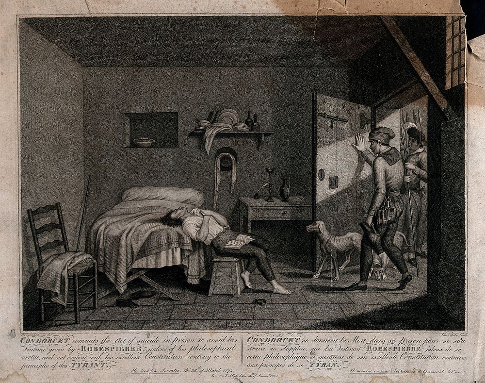 The gaoler opening the door of the prison cell to find Condorcet lying on his bed, having killed himself. Stipple engraving…
