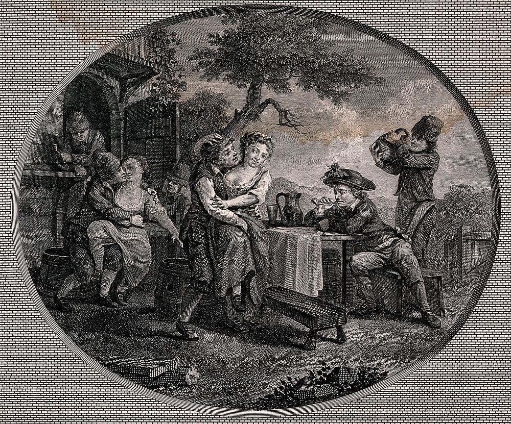 Men drinking and smoking outside a house: drunken men seize women.. Engraving after S. Freudeberg.