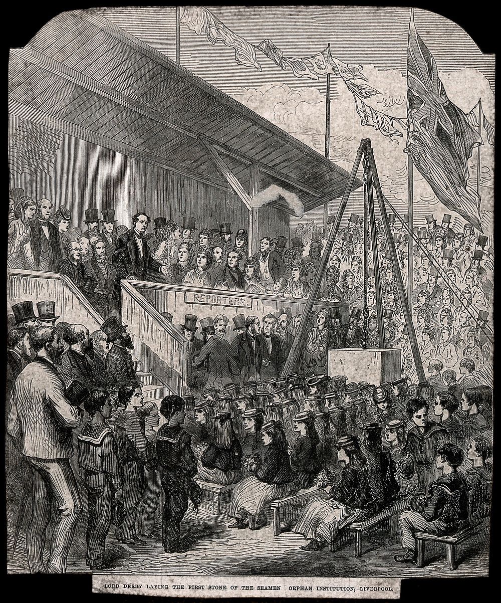 Seamen Orphan Institution, Liverpool, Merseyside: Lord Derby laying the first stone. Wood engraving.