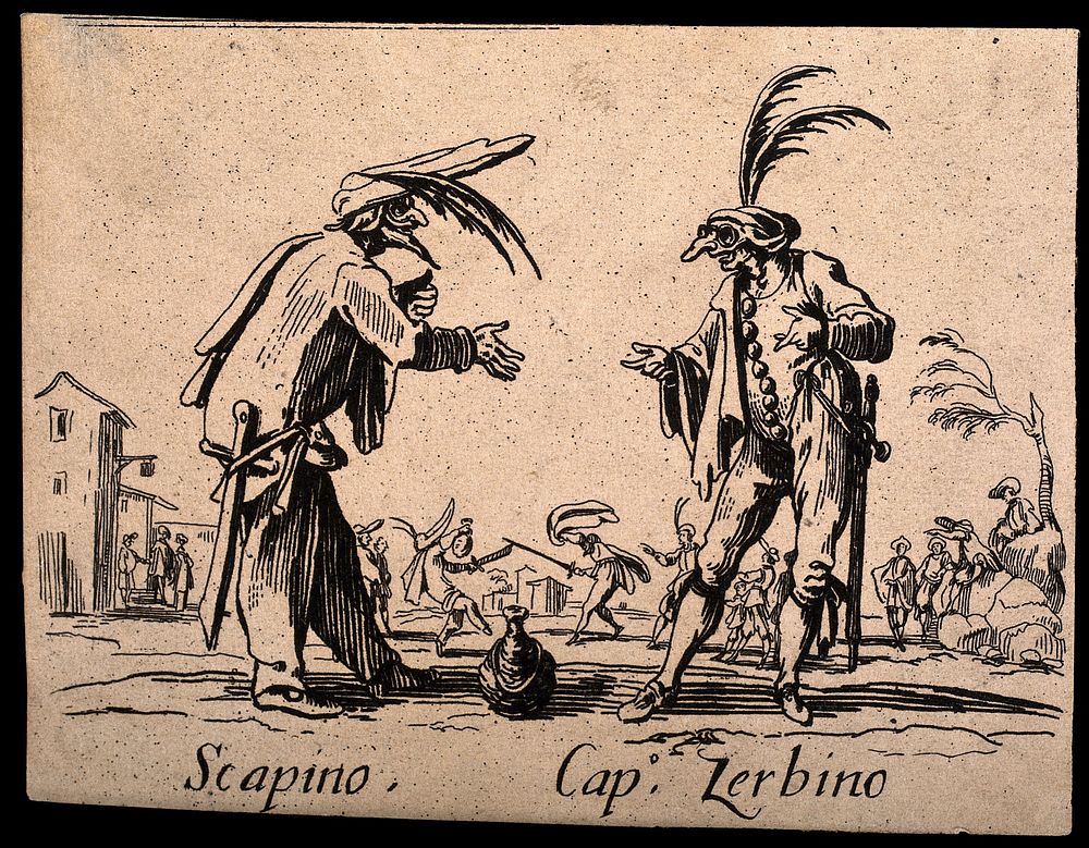 Two Commedia dell'arte street entertainers performing together. Etching by J. Callot.