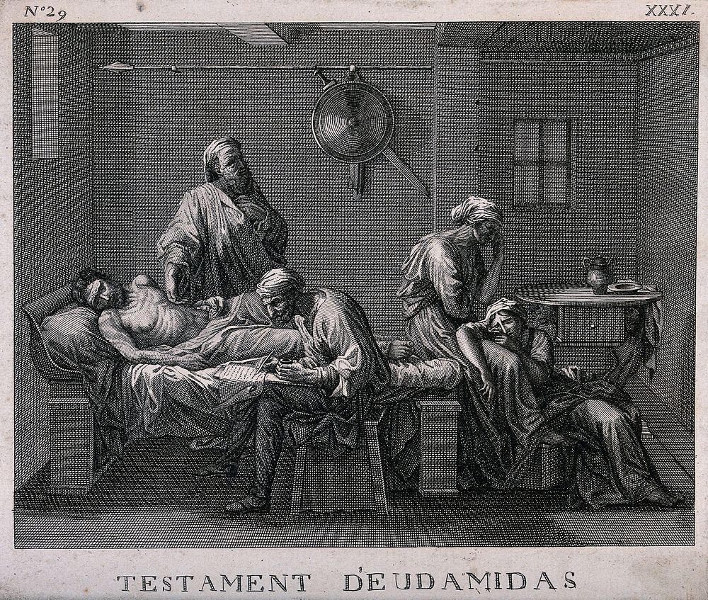 Eudamidas dictating his will on his deathbed, leaving the care of his mother and daughter to two friends. Etching after N.…