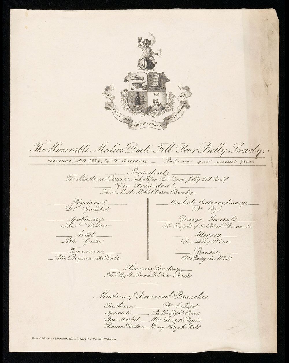 Names of officers of the Honorable Medico Docti Fill Your Belly Society, a spoof medical society. Lithograph, 1834.