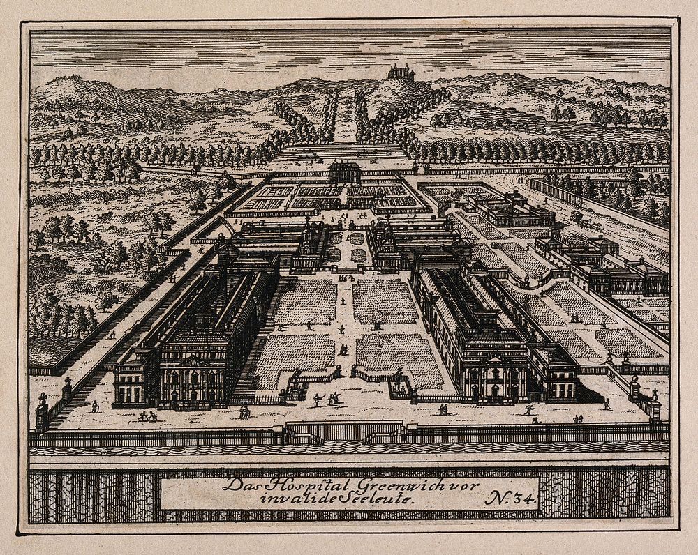 Royal Naval Hospital, Greenwich. Engraving, c. 1708, by J. B. Bruhl.