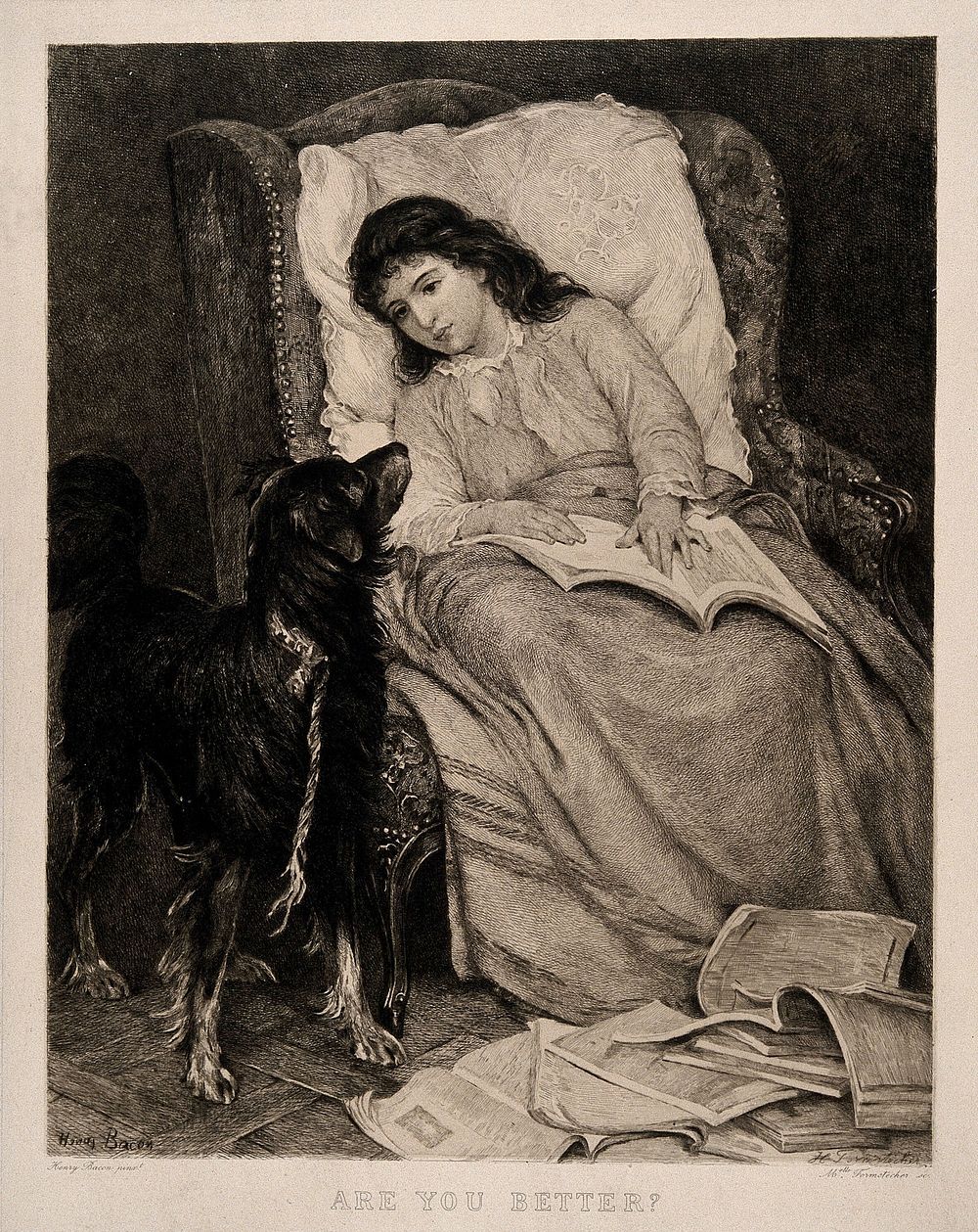 A girl convalescing in an armchair is visited by her dog. Etching by H. Formstecher after H. Bacon.