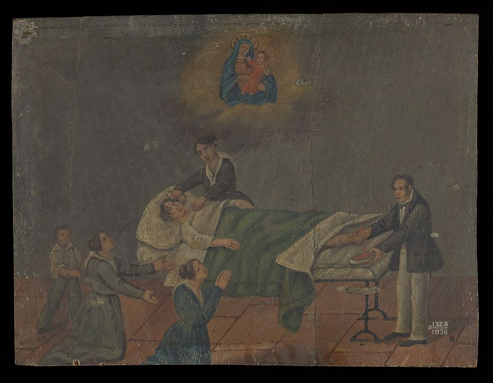 Votive picture: three people pray to the Virgin and Child for a patient in bed, a woman mops the patient's brow and a…