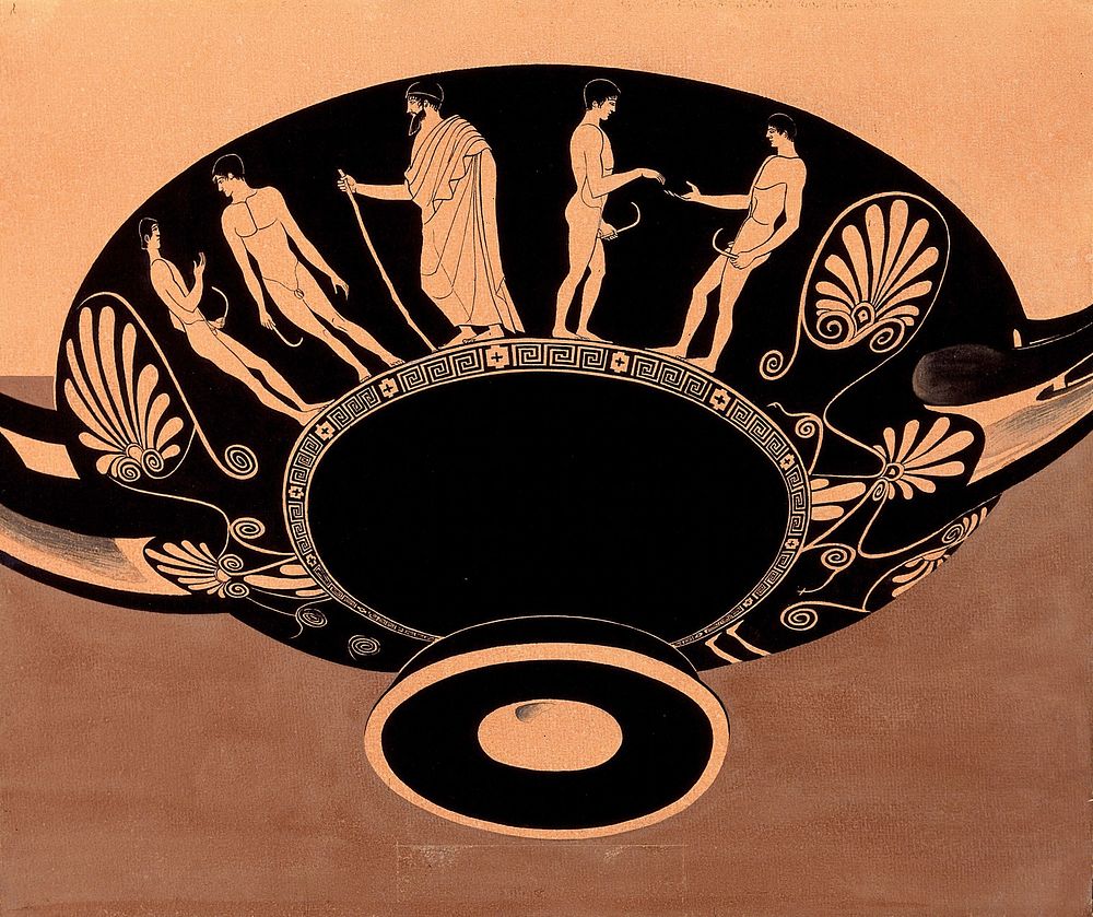 Bowl decorated with young men using strigils. Gouache painting by S.W. Kelly, 1937.