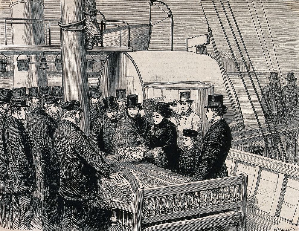 A delegation laying a wreath on the coffin of David Livingstone after its arrival in Southampton. Wood engraving by H.…