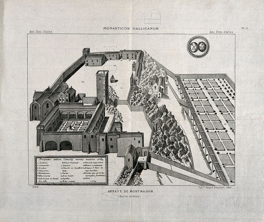 Bird's-eye view of the Abbaye de Montmajour with a key to identify the buildings and grounds. Engraving, 1869 after the…