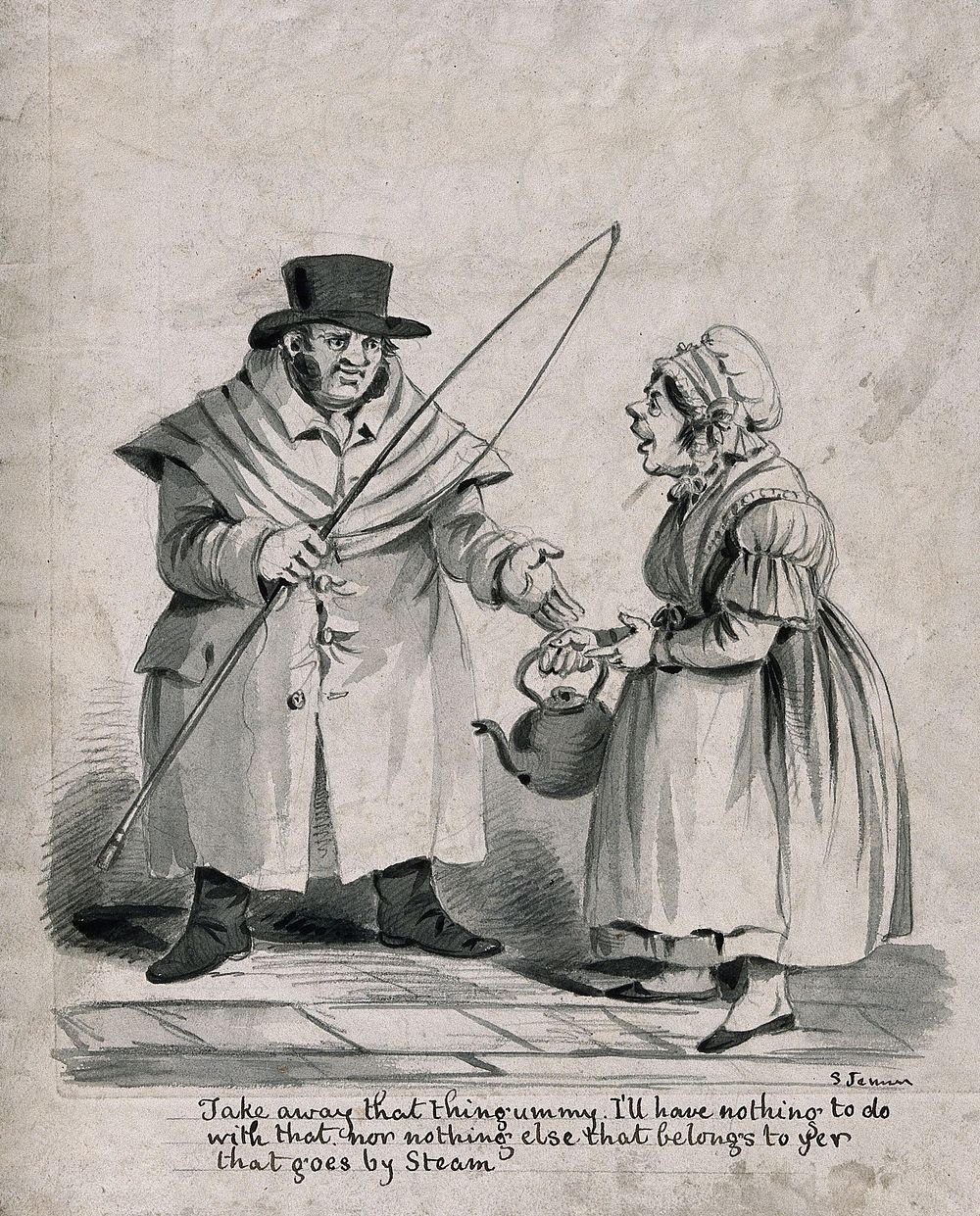 A coachman with a whip and a woman with a kettle: the man mistrusts anything using steam (implying steam trains). Pencil and…