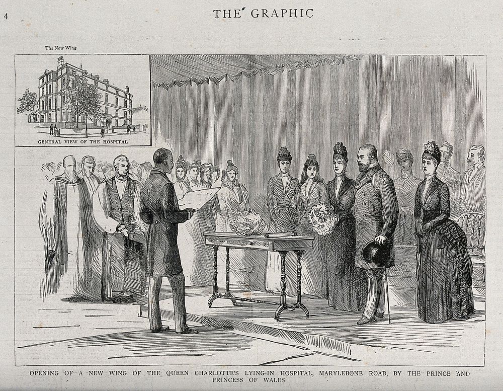 Opening of Queen Charlotte's Lying-in Hospital, London. Wood engraving, 1886.
