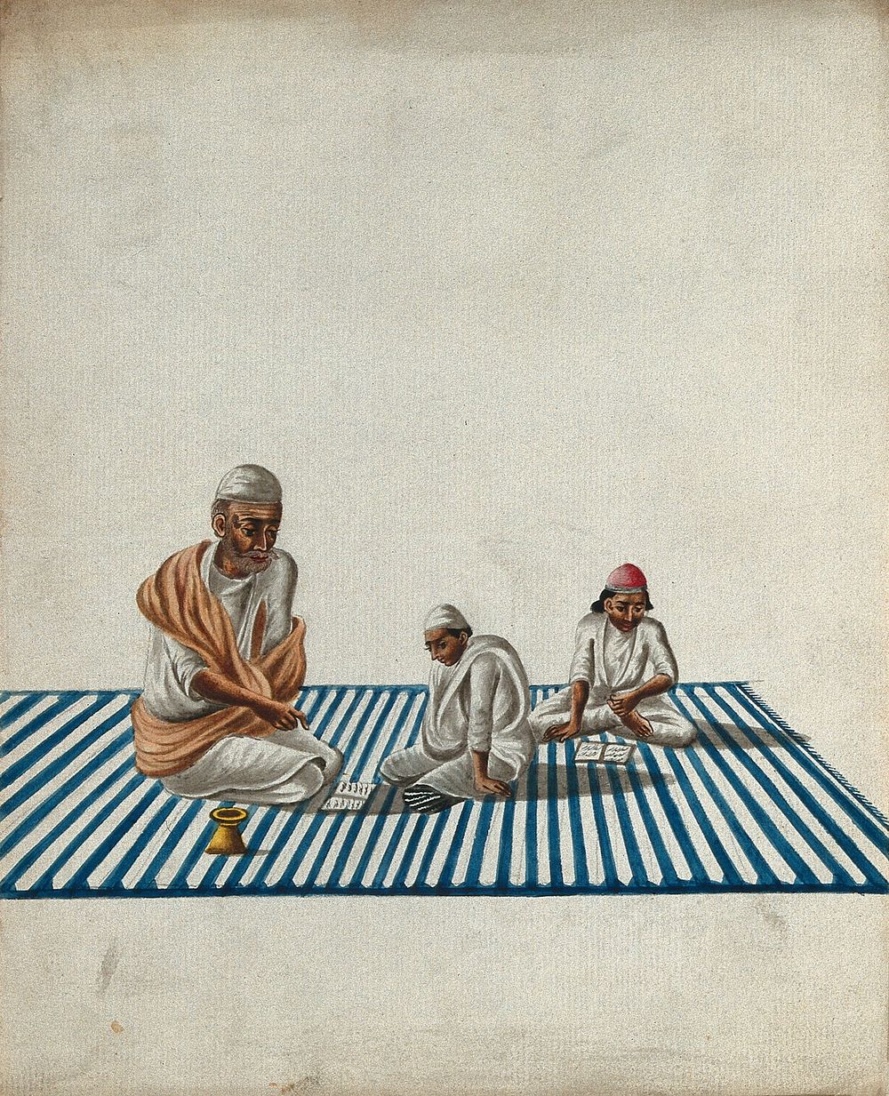 A Muslim teacher giving lessons to two children. Gouache painting by an Indian artist.