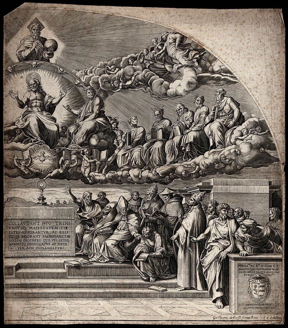 The 'Disputa', right half. Engraving after Raphael.