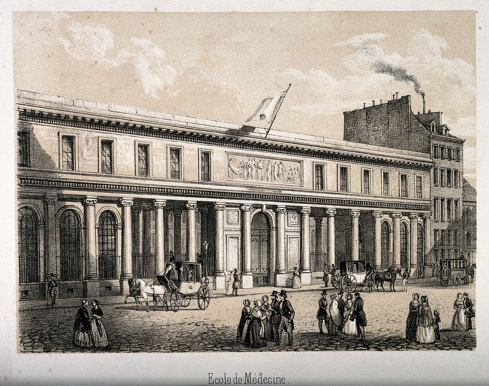 School of Medicine, Paris. Tinted lithograph.